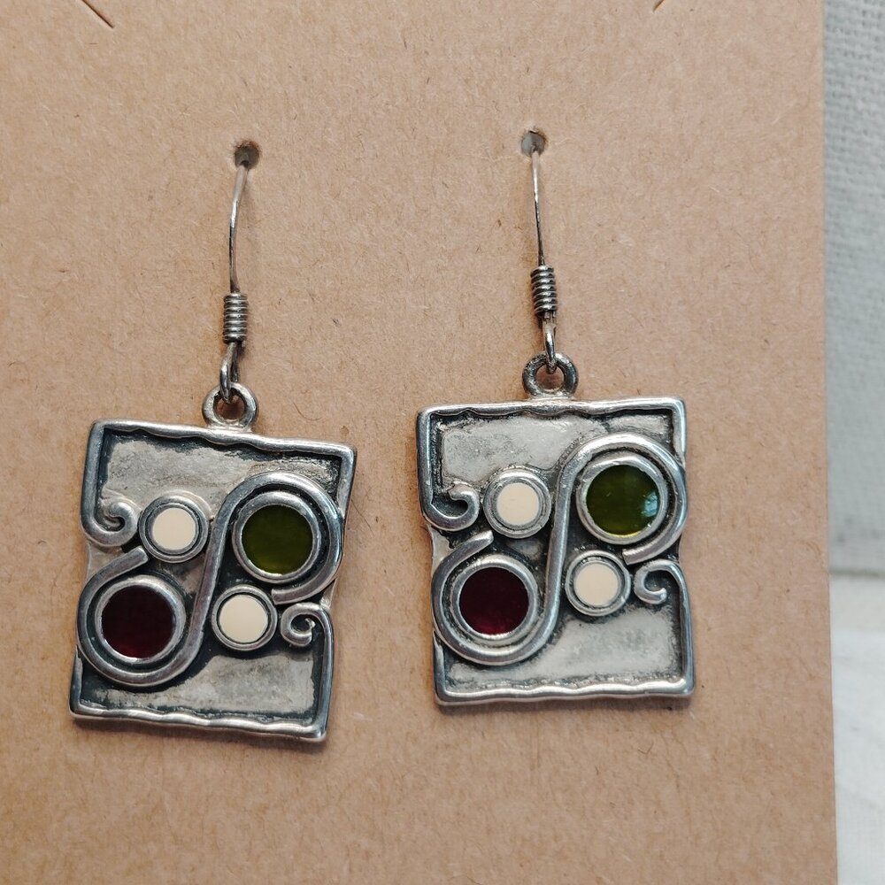 Artisan Silver‑Tone Square Earrings with Burgundy, Olive & Cream Enamel – 1.5"